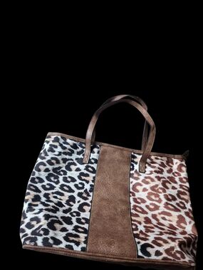 NGil, Leopard Print Two-Tone Tote Bag in Brown and Cream